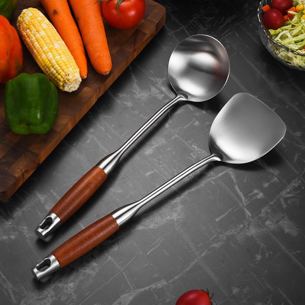 2 Pieces Wok Spatula, Stainless Steel Spatula with Heat Resistant Wooden Handle Wok Utensils,Silver โ image 4