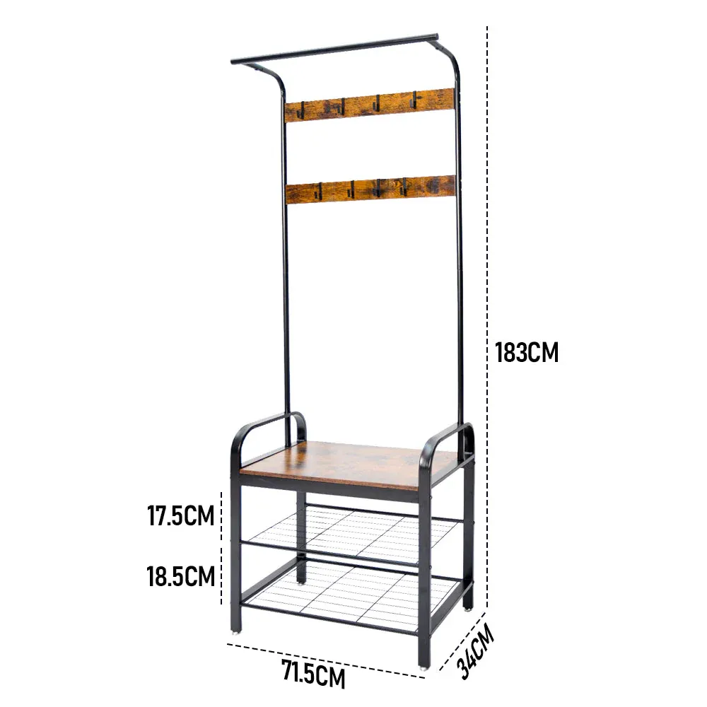4-In-1 Coat Rack Large Capacity Freestanding Hall Tree 183 High Entryway Bench with 8 Detachable Hooks Hanging Rod and 2-Tier Shoe Storage Rustic Brown โ image 6