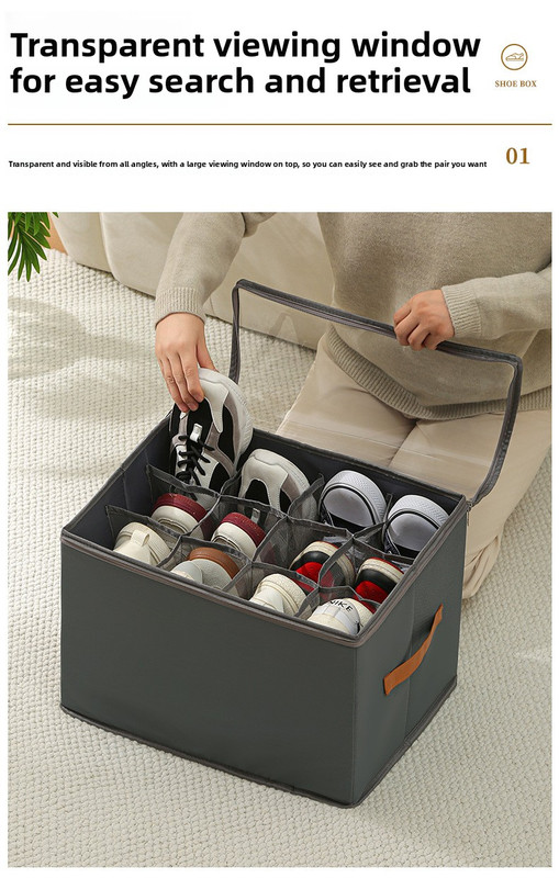 Extra Large Foldable Shoe Storage Box 16 Compartments with Side Pockets Clear Lid Wardrobe Organiser for Sneakers Socks 43cm Square Cube Coffee — image 2