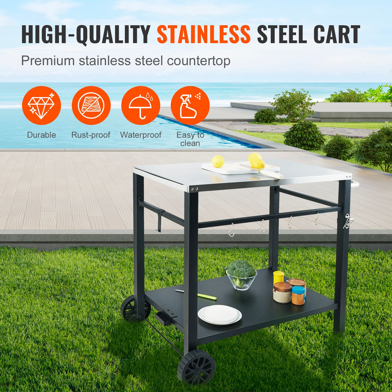 Outdoor Grill Dining Cart with Double-Shelf, 85 × 55cm BBQ Movable Food Prep Table, Multifunctional Stainless Steel Table Top, Portable Modular Carts for Pizza — image 3