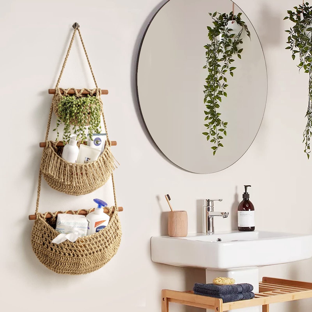 Hanging Fruit Basket - Hanging Storage - 3-Tier Over-the-Door Organizer - Woven Jute Wall Basket - Storage Bags - Over-the-Door Wall Organizer - For Entryway — image 2