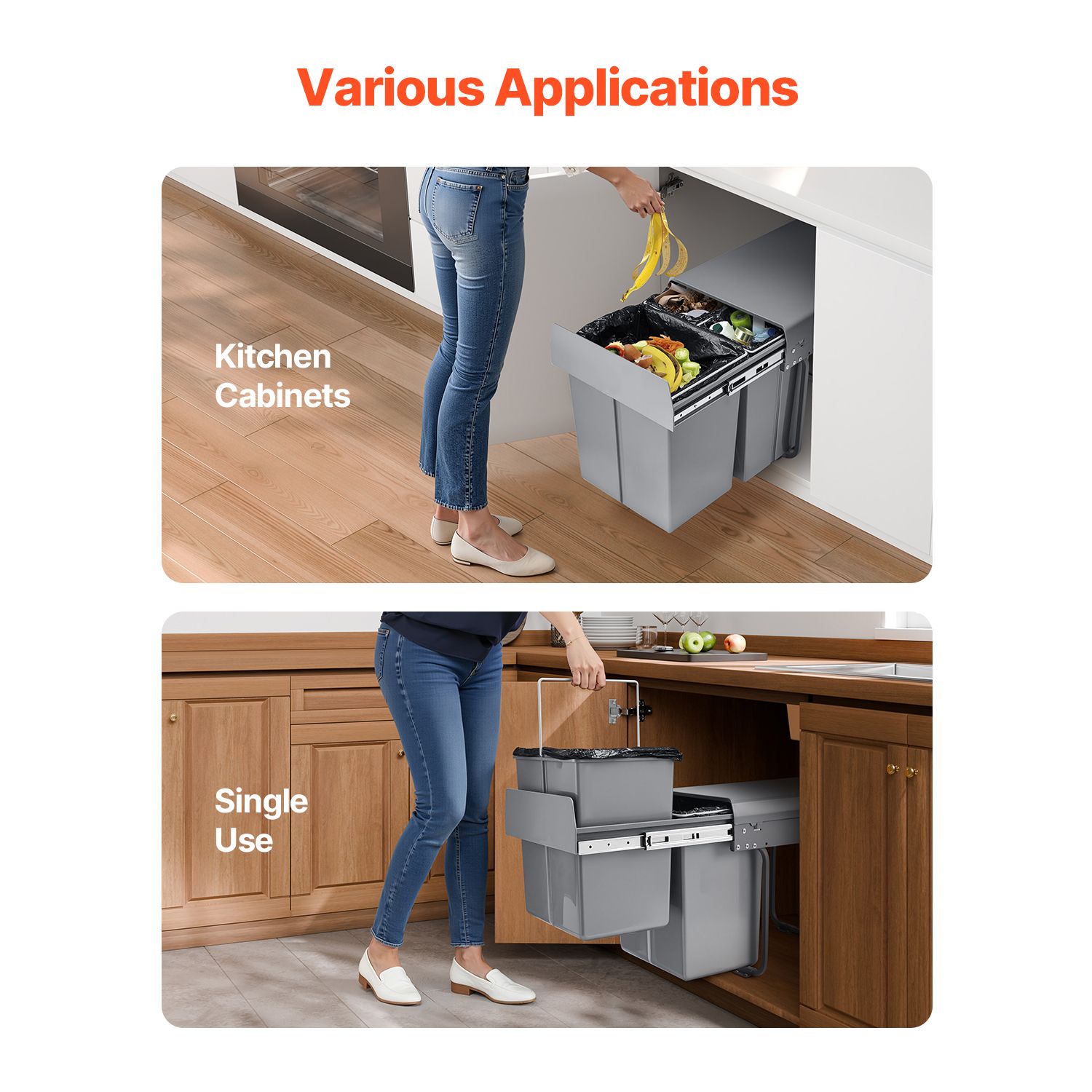 Pullout Trash Can for Kitchen Cabinets, 20+10+10L Double Under Sink Garbage Waste Recycling Bin, Under Mount Waste Container, with Heavy Duty Metal Full — image 6