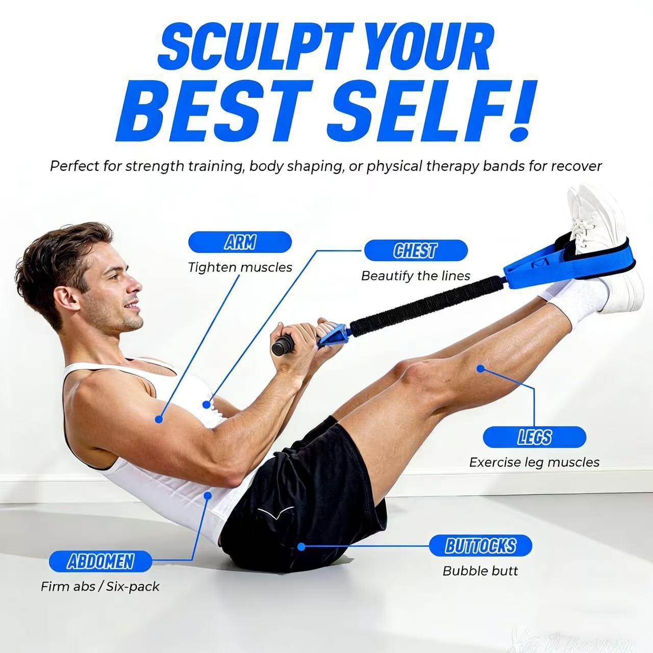 Blue Multifunctional Pedal Resistance Band - Home Fitness Sit-up Assistant with Foot Pedals and Elastic Pull Rope - Full Body Workout Equipment for Abs, Arms โ image 2