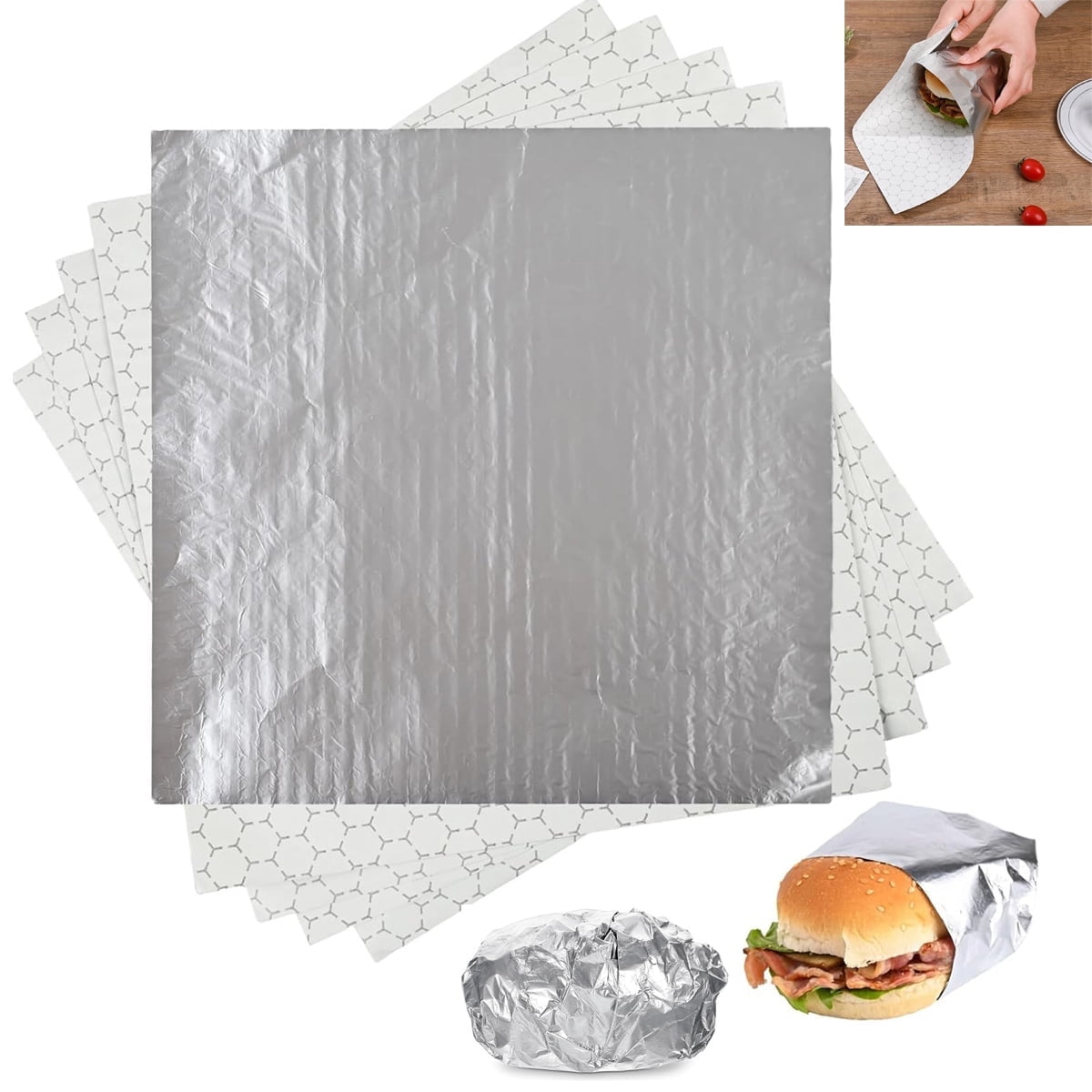 50 Pcs Sandwich Wrap Paper Insulation Paper Aluminum Foil Sheets for Burgers Wrapping Pre-Cut Foil Paper Heavy Duty BBQ Burrito Wrapping Paper Foil Sheets &