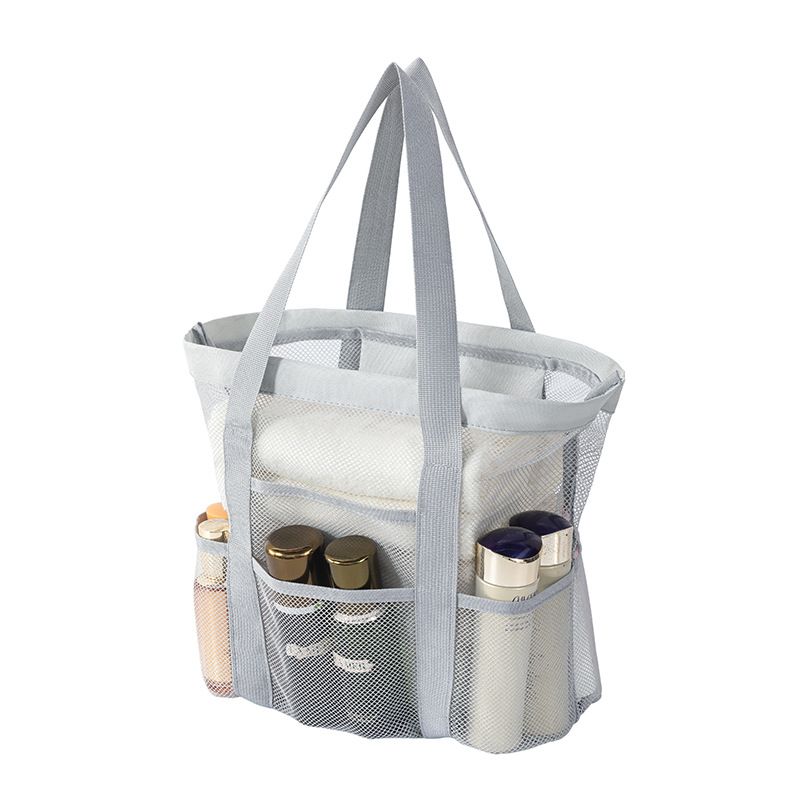 Grey small size Large Capacity Mesh Beach Tote Bag - Breathable PET with Multi-Pocket Storage, Quick-Dry Design for Travel, Gym, and Poolside Use
