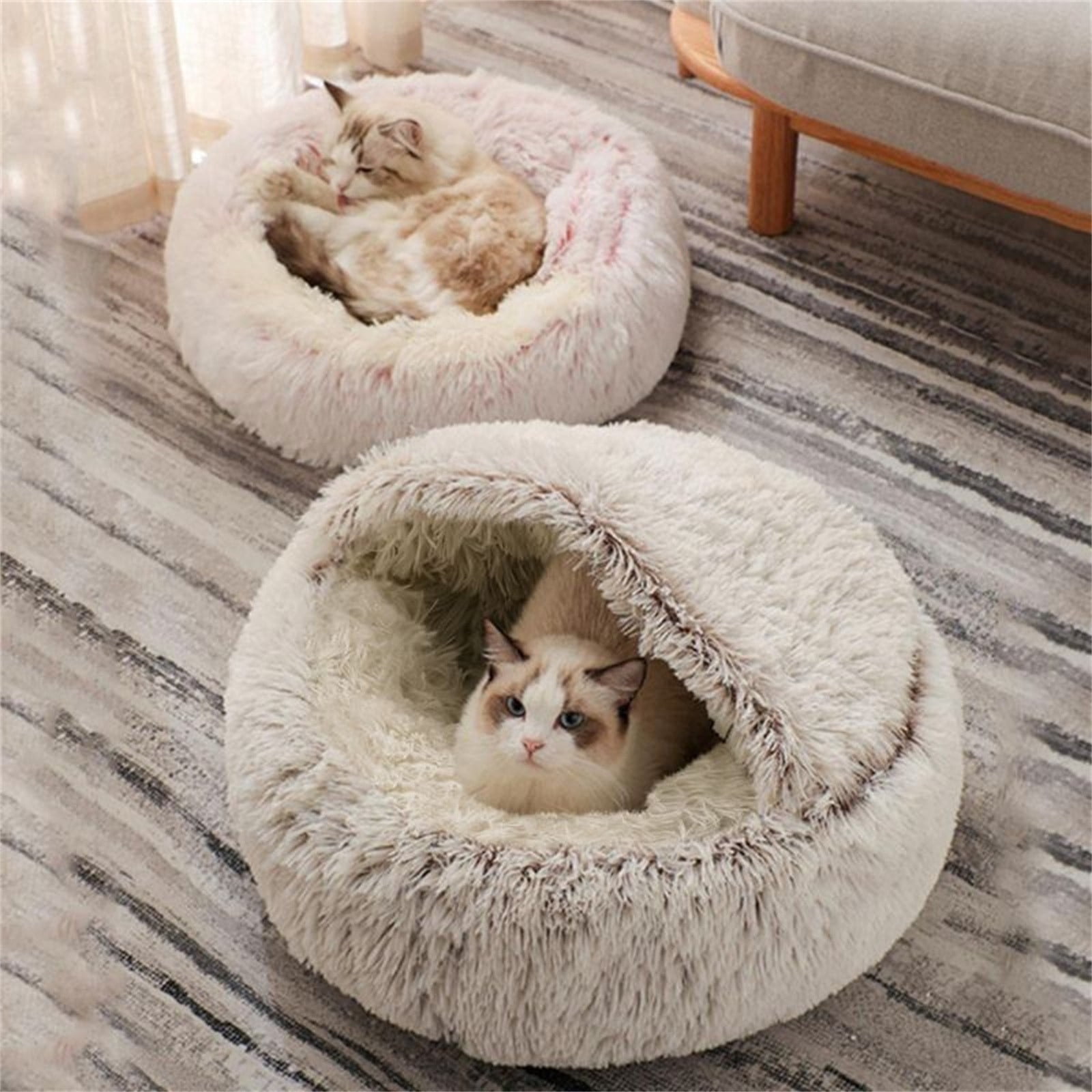 Cat Bed Round Plush Hooded Cat Bed Cave, for Indoor Cats or Small Dog Beds, Calming Pet Beds Calm Anti-nxiety Dog Bed, Waterproof Bottom Washable (16"x16") — image 4