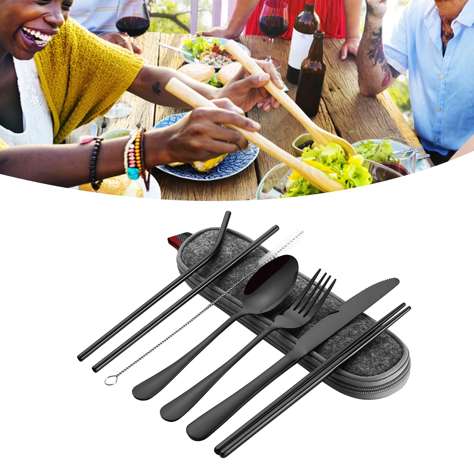 8 Pieces Stainless Steel Flatware Set Portable Travel Cutlery Set with Case Chopsticks Knife Fork Spoon Straws Cleaning Brush โ image 6