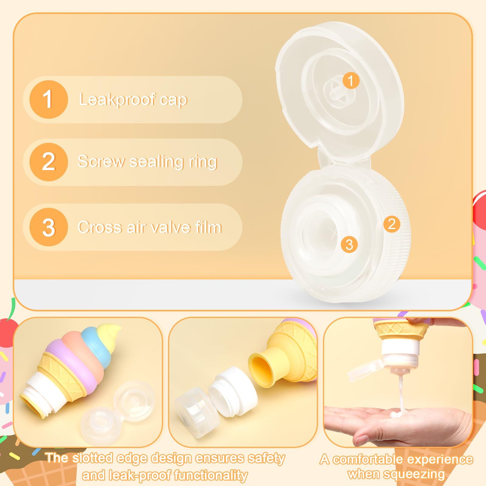 Cute Travel Bottles, Leak Proof Refillable Liquid Silicone Squeezable Travel Accessories for Hotel Gym Travelling, Ice Cream Corn — image 3