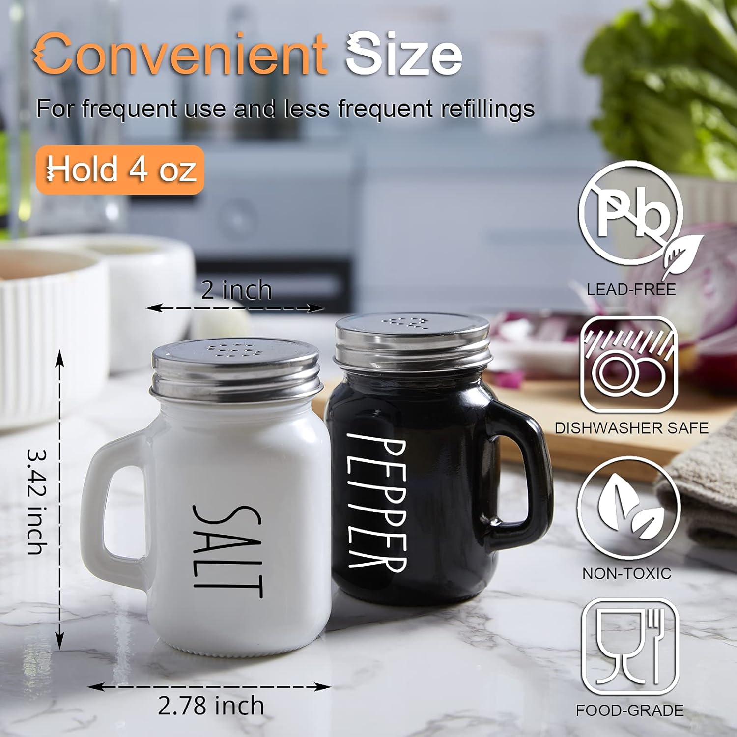 Salt and Pepper Shakers Set, 4 oz Cute Salt Pepper Shaker, Kitchen Decor for Home Restaurants Wedding, Glass Black White Shaker Sets with Stainless Steel Lids — image 3