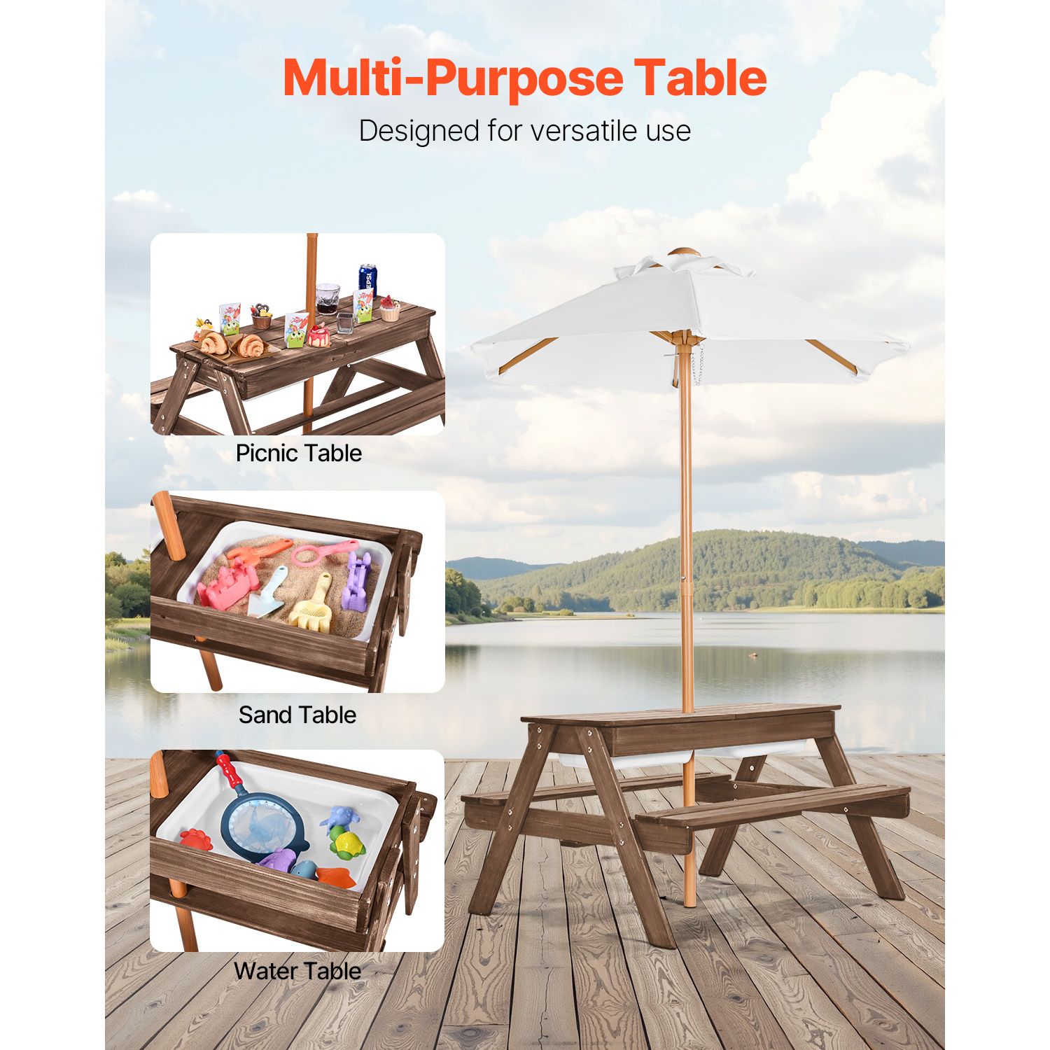 Picnic Table Wooden Tables and Bench Set Umbrella Garden Indoor Outdoor โ image 5