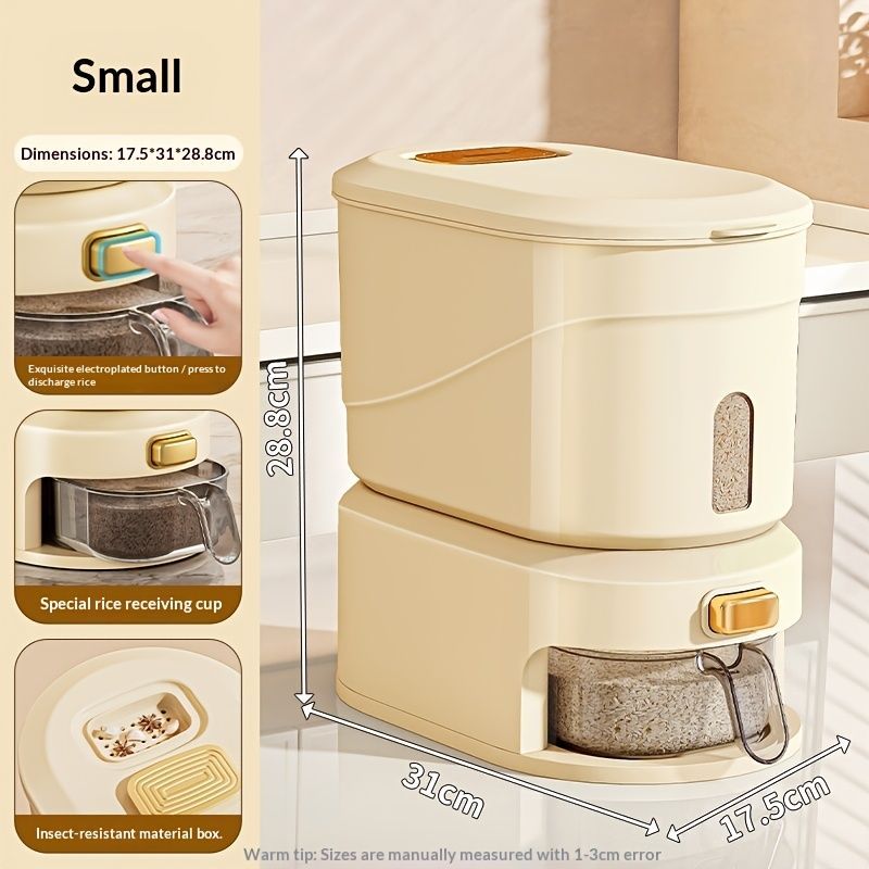 large capacity rice dispenser, measuring cup, time scale, plastic grain storage container, sealed food storage, insect proof food storage, moisture proof food