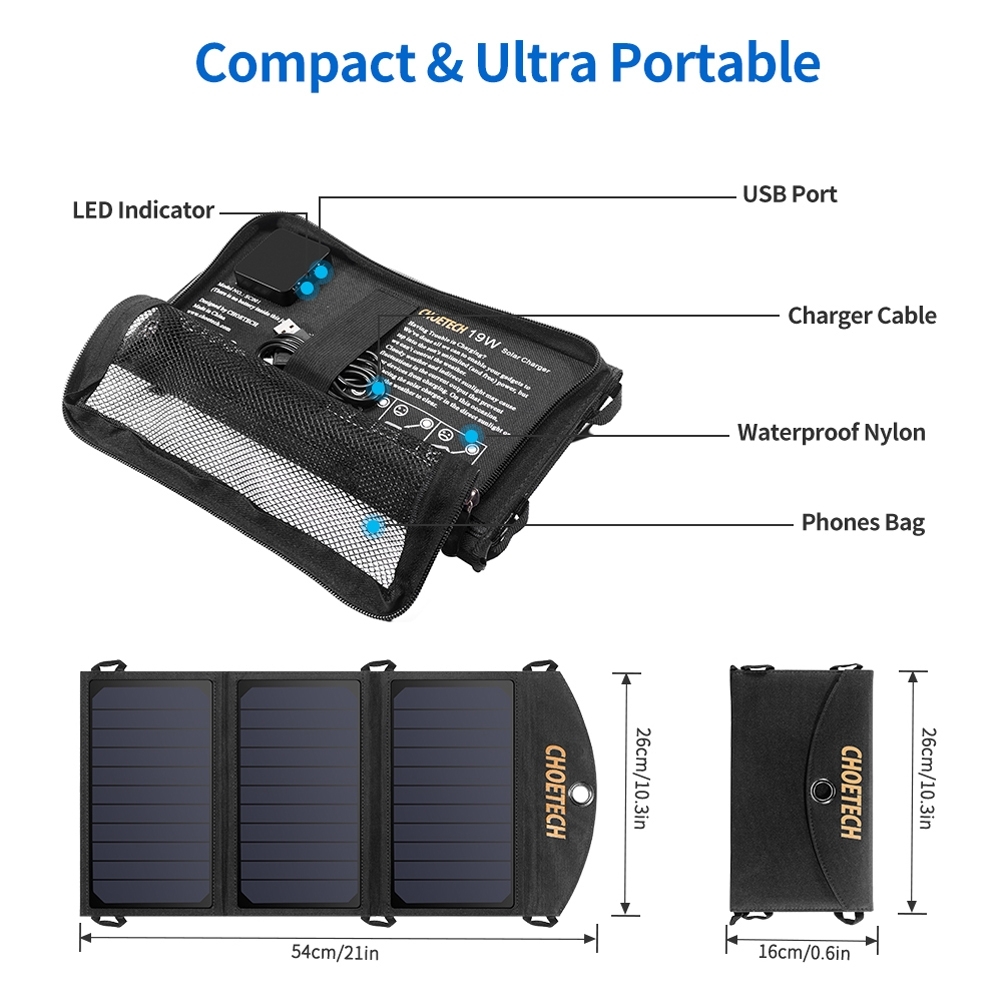 CHOETECH SC001 19W Portable Solar Panel Charger SunPower Panels Dual USB Charger for Camping/RV/Outdoors โ image 2