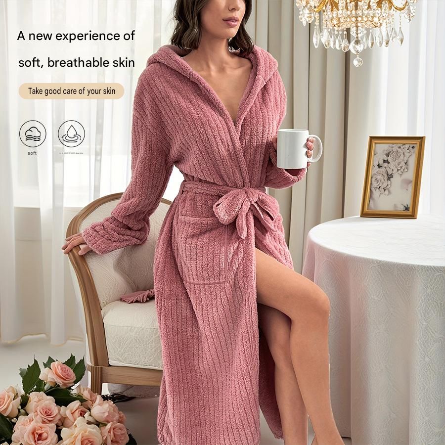 Women's Pink Coral Fleece Hooded Bathrobe (M)- Soft Plush Long Sleeve Wrap Robe with Tie Belt, Highly Absorbent Loungewear for Home Spa and Winter Sleepwear โ image 2