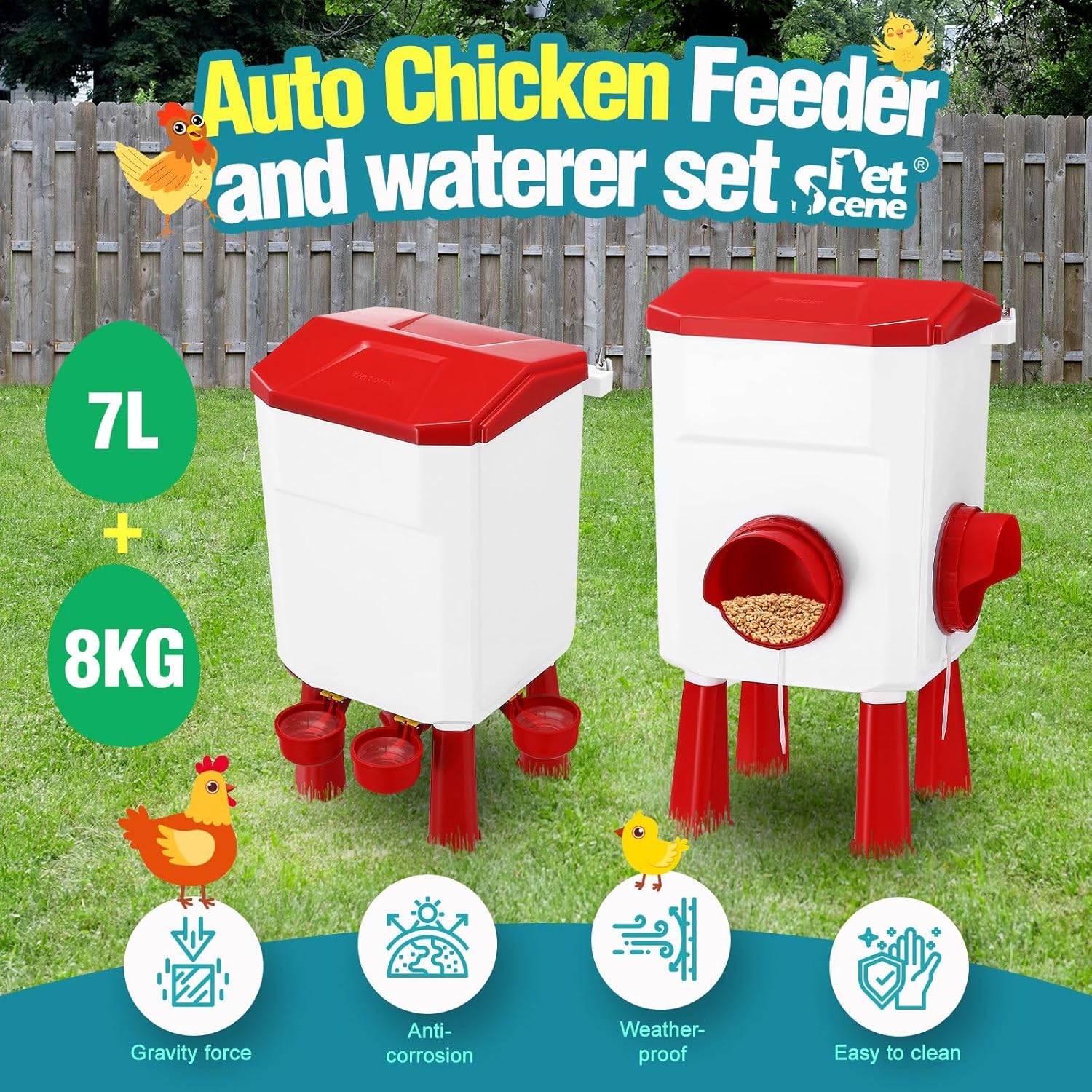 CARLA HOME Automatic Chicken Feeder Waterer Set with 8KG Food 7L Water Capacity for Coop, Chickens, Ducks, Quails (Red) — image 3