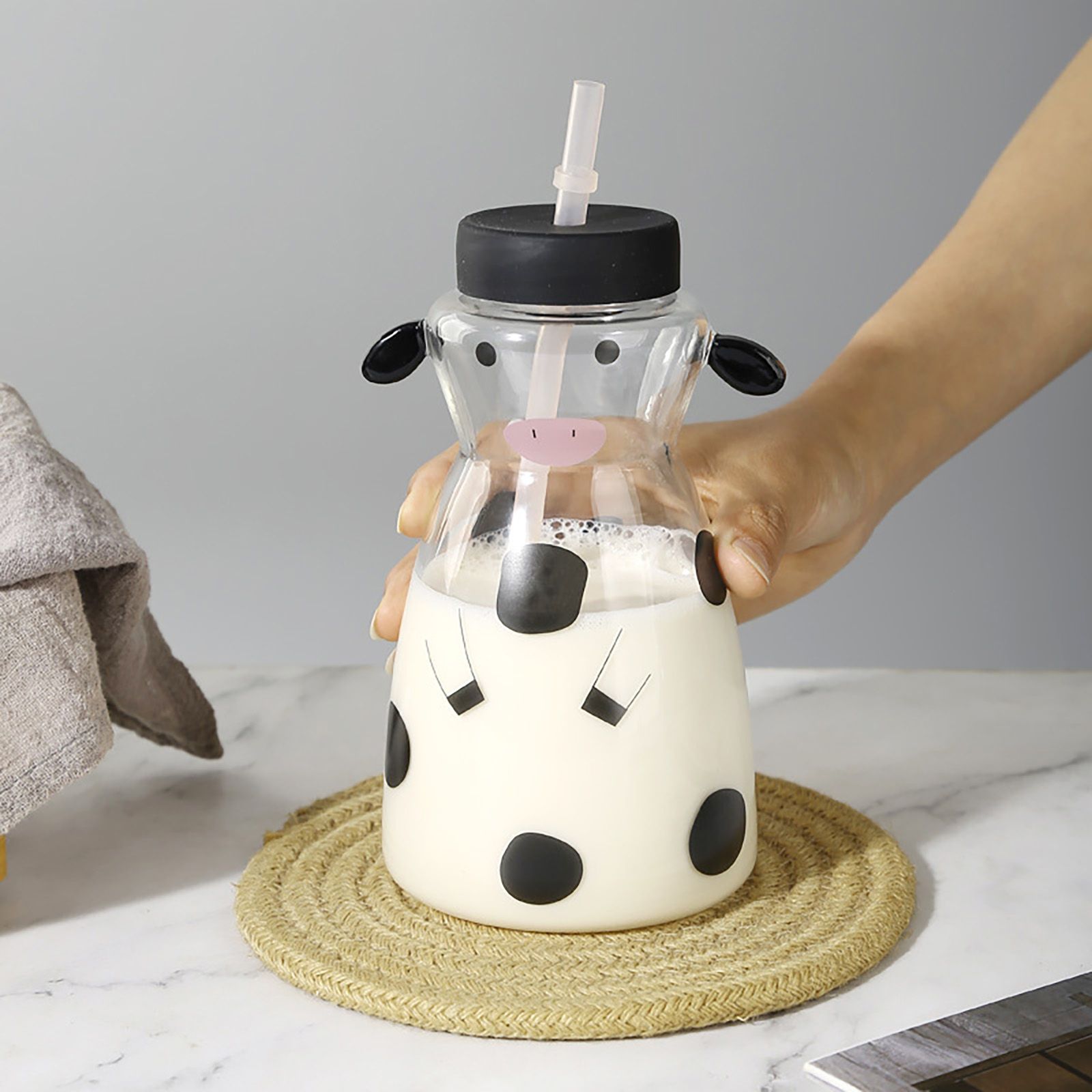600MLCreative Glass Straw Cup Cow Shape Glass Cup with Straw — image 4