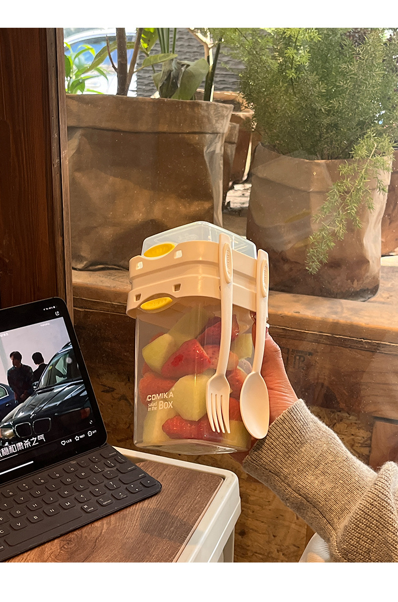 White Portable salad cup with ingredient compartment and fork and spoon - enjoy breakfast on the go โ image 4