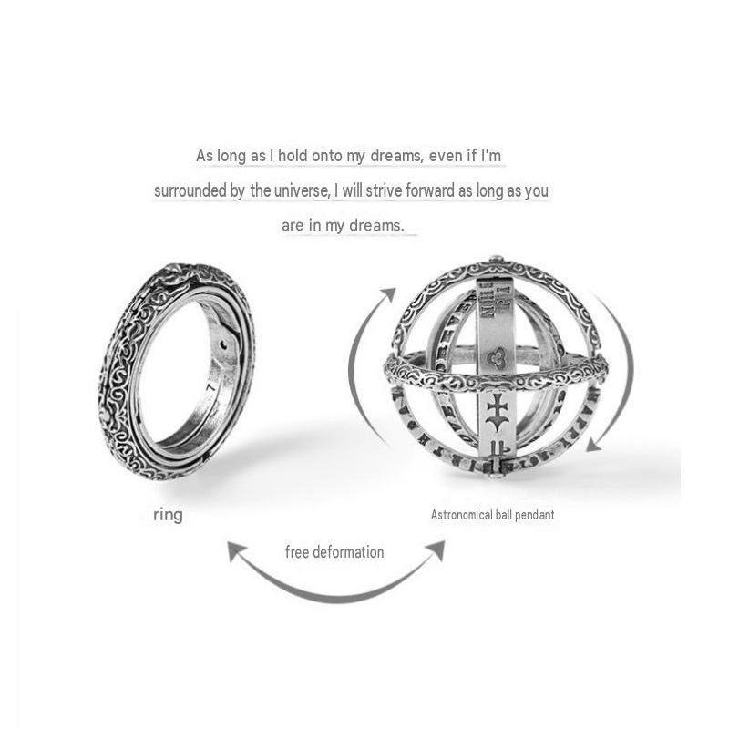 Silvery US 7 Transformable Astronomical Sphere Ring - Alloy - 2-in-1 Ring and Pendant Design, Rotating Globe Structure, Retro Cosmic Style, Unisex Fashion โ image 4