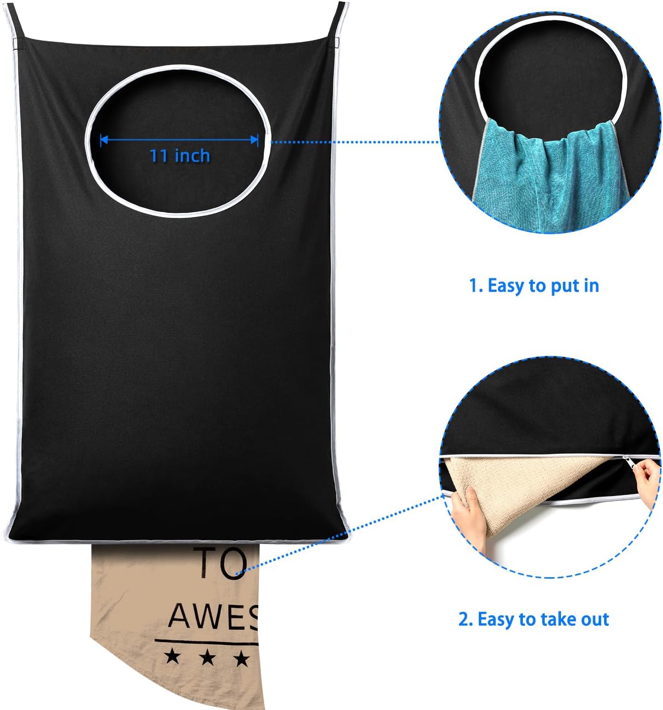 2 Pack XL Hanging Laundry Hamper, Extra Large Tear-Resistant Door Organizer with 2 Hook Types, Space-Saving Laundry Bag (36.5" x 22", Black) — image 5