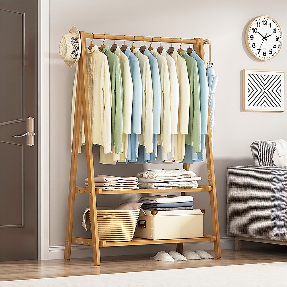 Portable Clothes Rack Coat Garment Stand Bamboo Rail Hanger Airer Closet — image 5