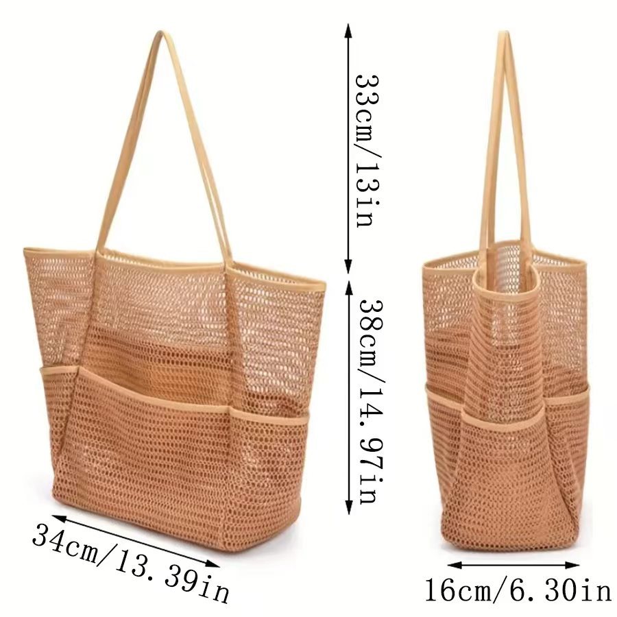 Brown Breathable Mesh Beach Tote Bag – Large Capacity Sand-Free Bag with Zipper Pocket & Multi-Purpose Storage — image 4