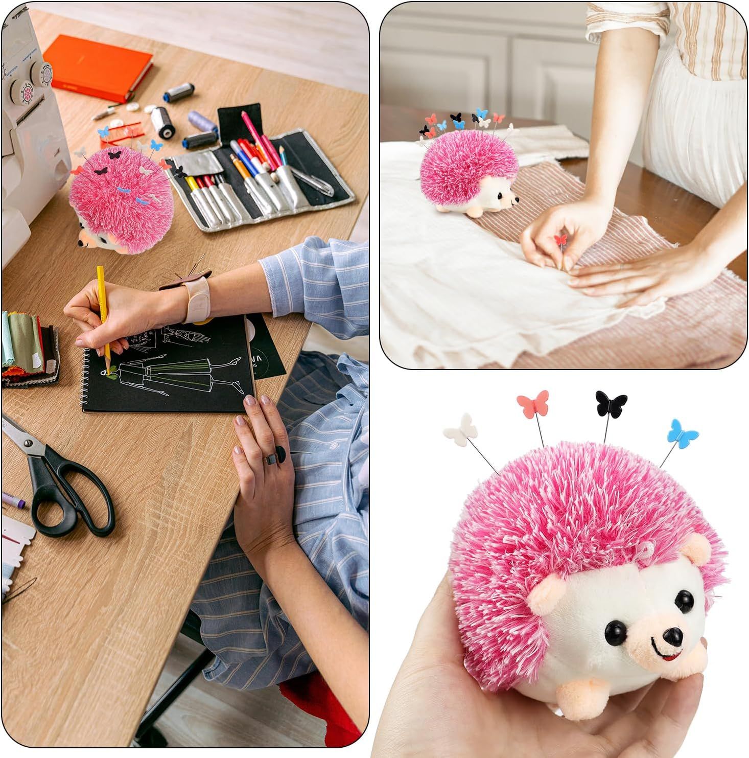 Hedgehog Pin Cushion Sewing Kit with 100 Colourful Butterfly Pins, Dressmaker Pincushion for Sewing, Quilting and Craft Projects, Pink — image 6