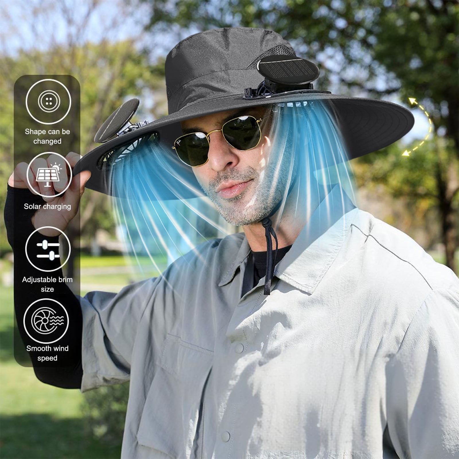 Solar Fan Hat Wide Brim Solar Fan Hat Outdoor Wide Brim Sun Hat with Solar Fan Fishing Hat, Removable & USB Charging Fan B-Dark Gray — image 5