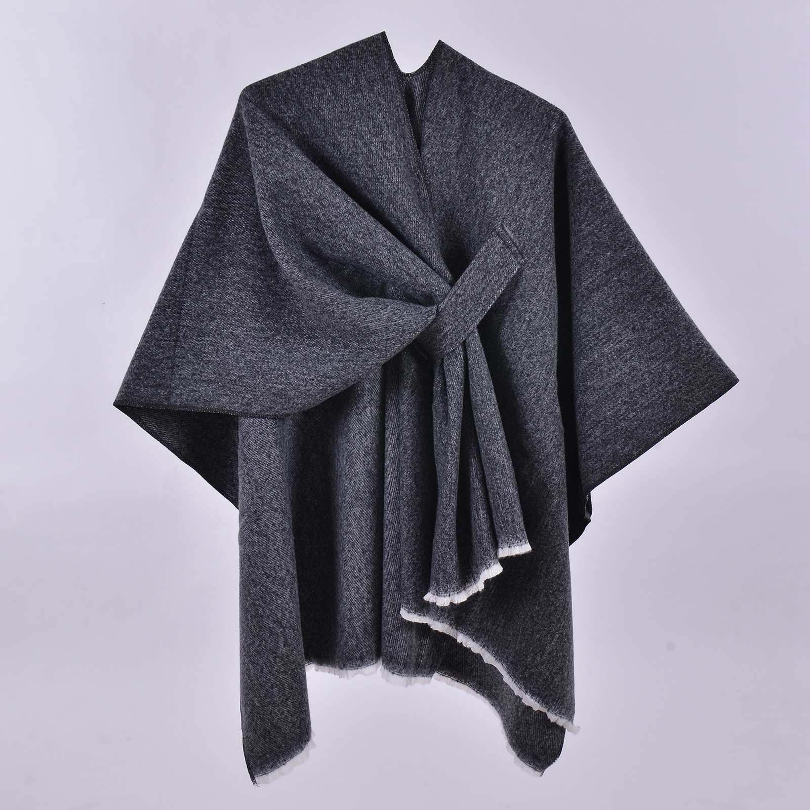 Black and White Elegant Soft Knit Poncho Cape - Warm Autumn Winter Shawl Wrap with Side Tie, Thick & Luxurious Feel — image 2