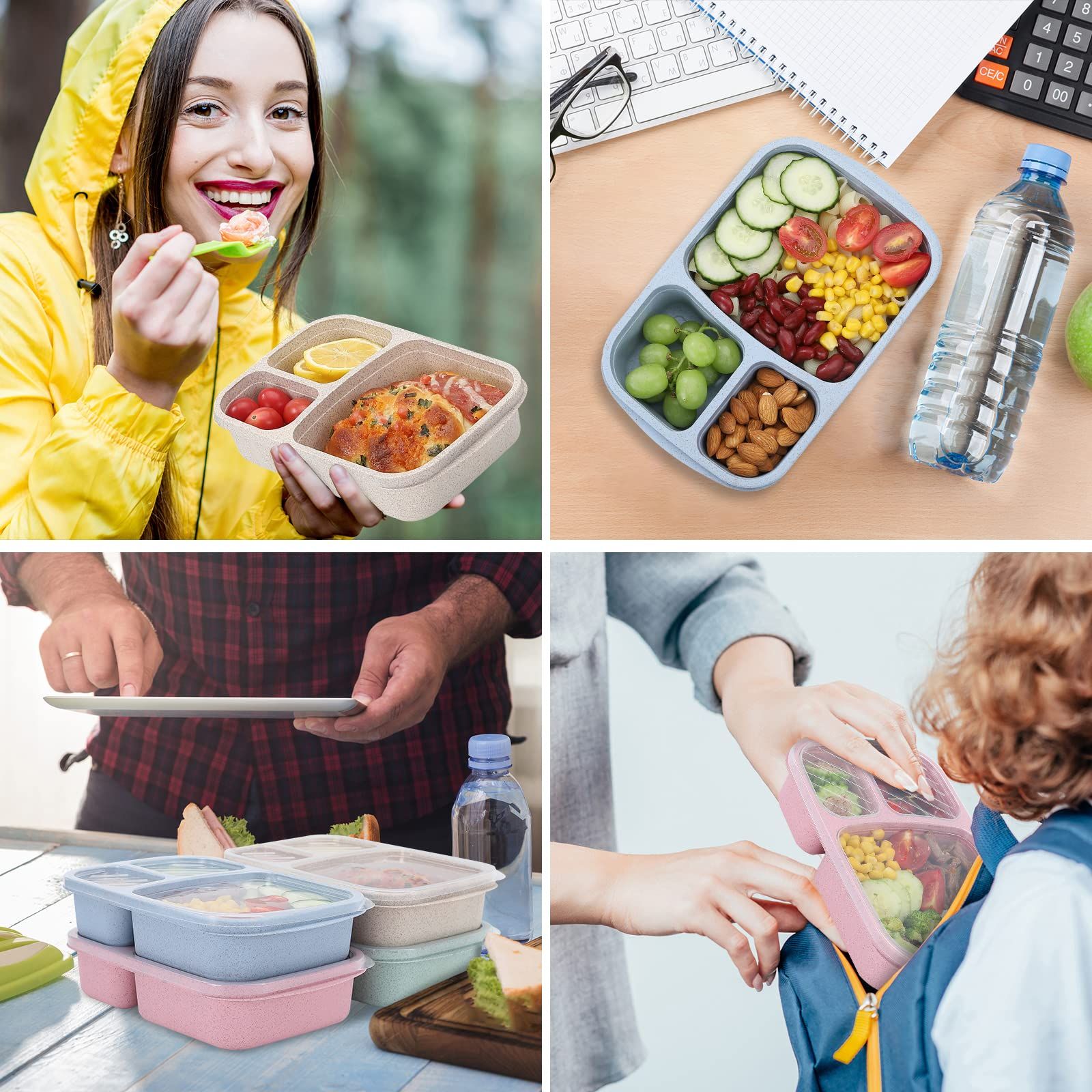 4 Pack Bento Lunch Box Compartment Wheat Straw Meal Prep Food Storage Containers Plastic, Microwave and Dishwasher Safe — image 5