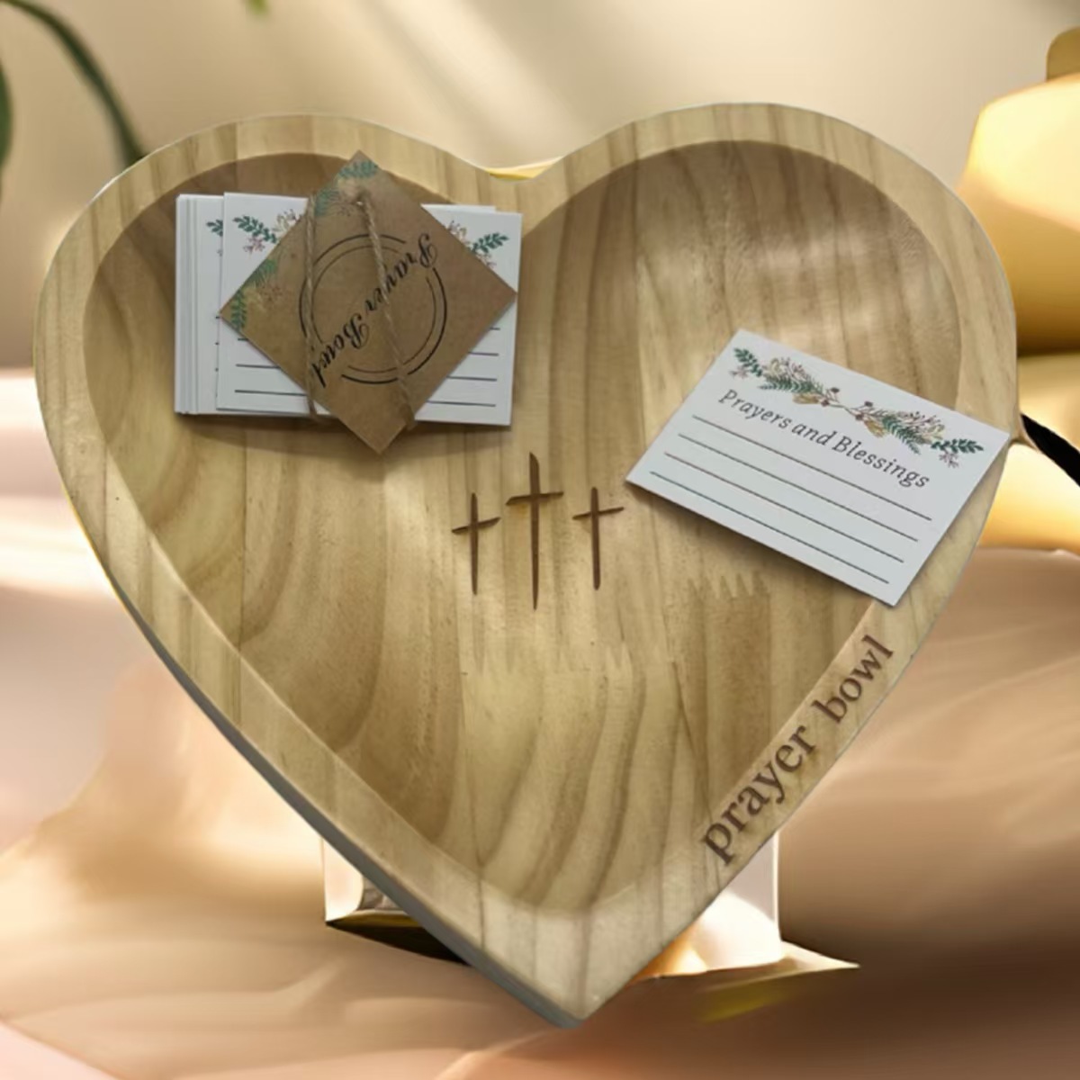 Handcrafted Heart Shaped Wooden Prayer Bowl with Prayer Cards and Raffia Natural Wood Grain Spiritual Gift for Home — image 4
