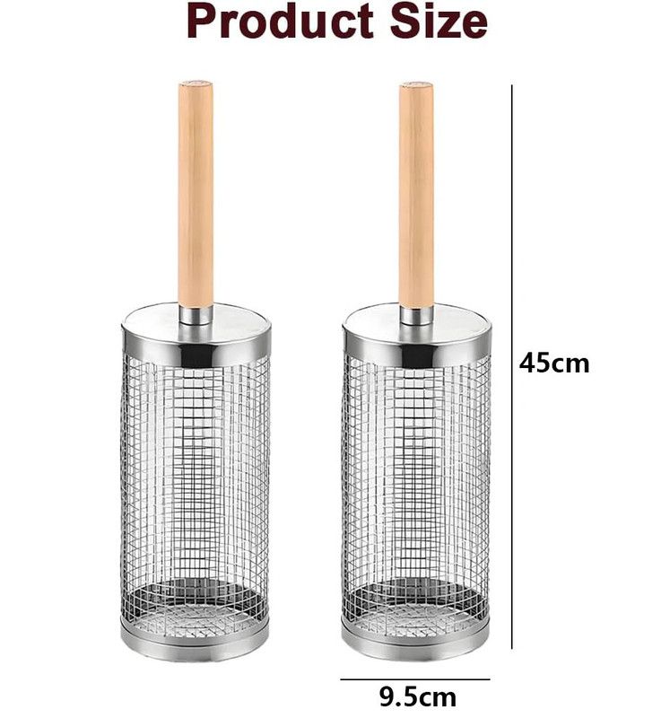 2-Pack Rolling Grill Baskets 304 Stainless Steel with Removable Wooden Handle for Vegetables and Shrimp, 35 x 9.5 cm โ image 2