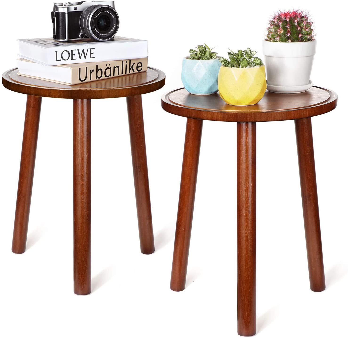 2Pcs Small Side Table Round End Table Wood Plant Stand Super Thick 3-Legs Stool — image 2