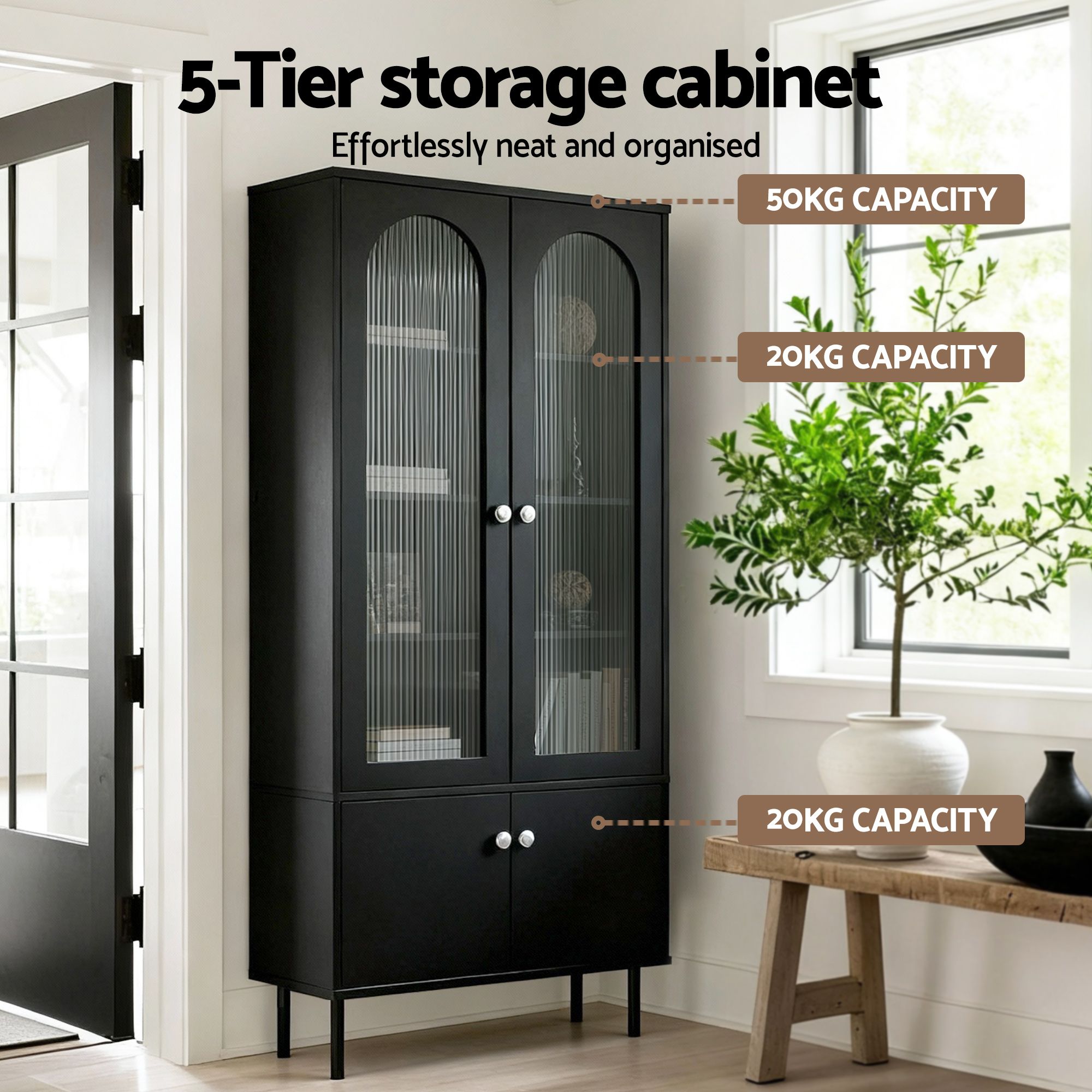 Artiss 2x Buffet Sideboard Cabinet Pantry 5-Tier Storage Cupboard Fluted Black โ image 5