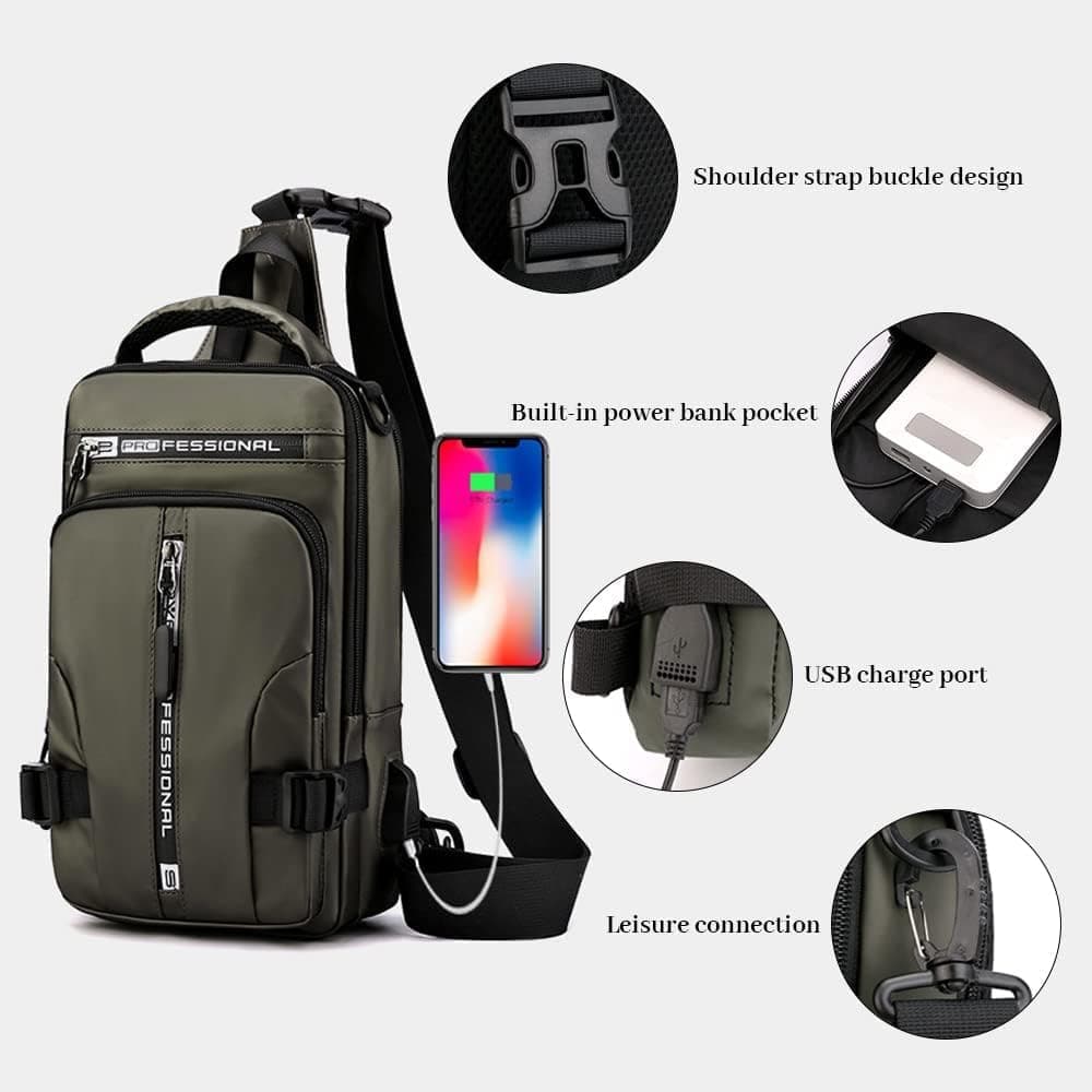 Men's Water Resistant Shoulder Bag with USB Charging Port, Cross Body Bag for Men and Women, Black — image 6