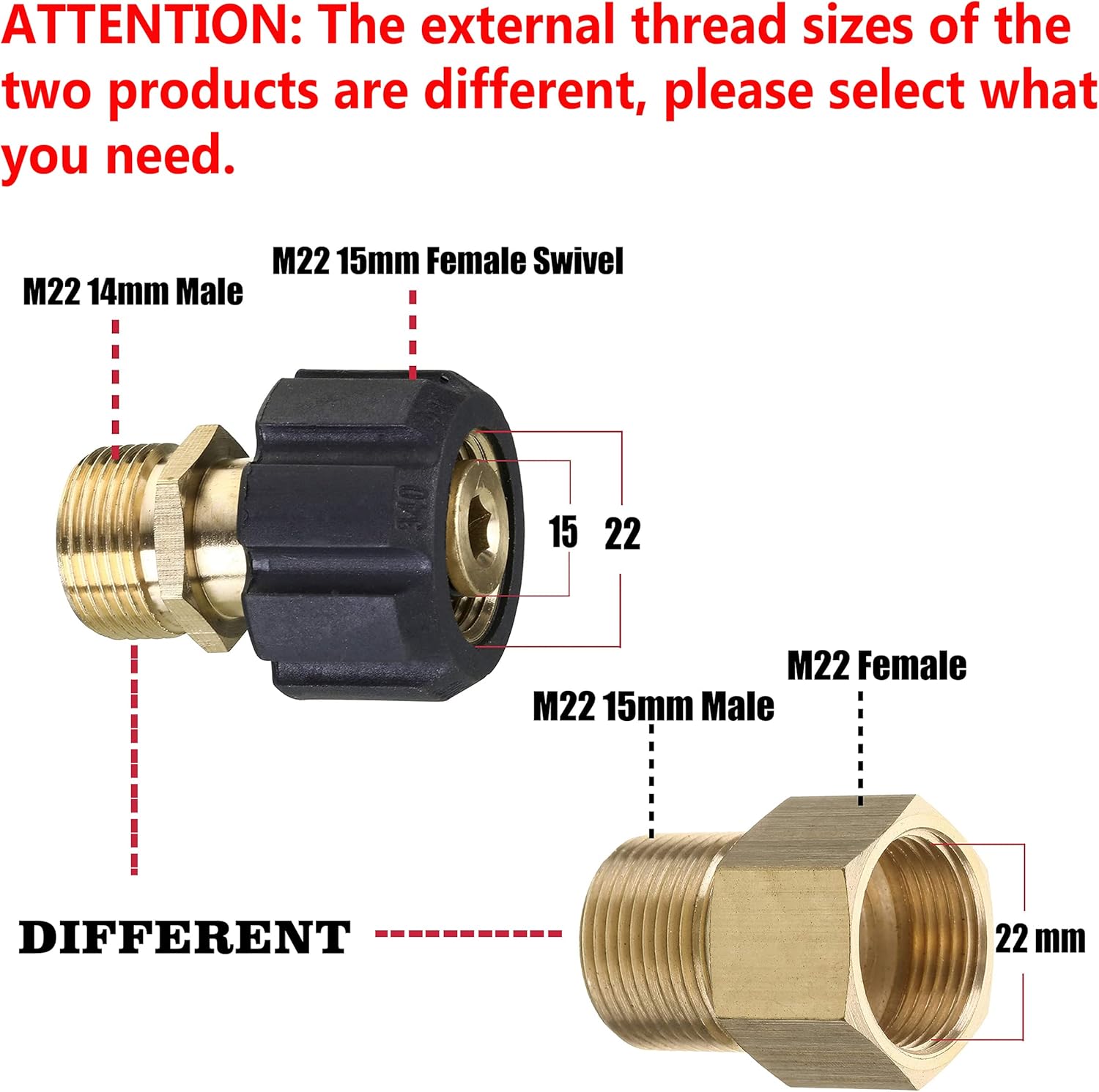 Pressure Washer Adapter, Metric M22 15mm Female Thread to M22 14mm Male Fitting, 4500 PSI โ image 4
