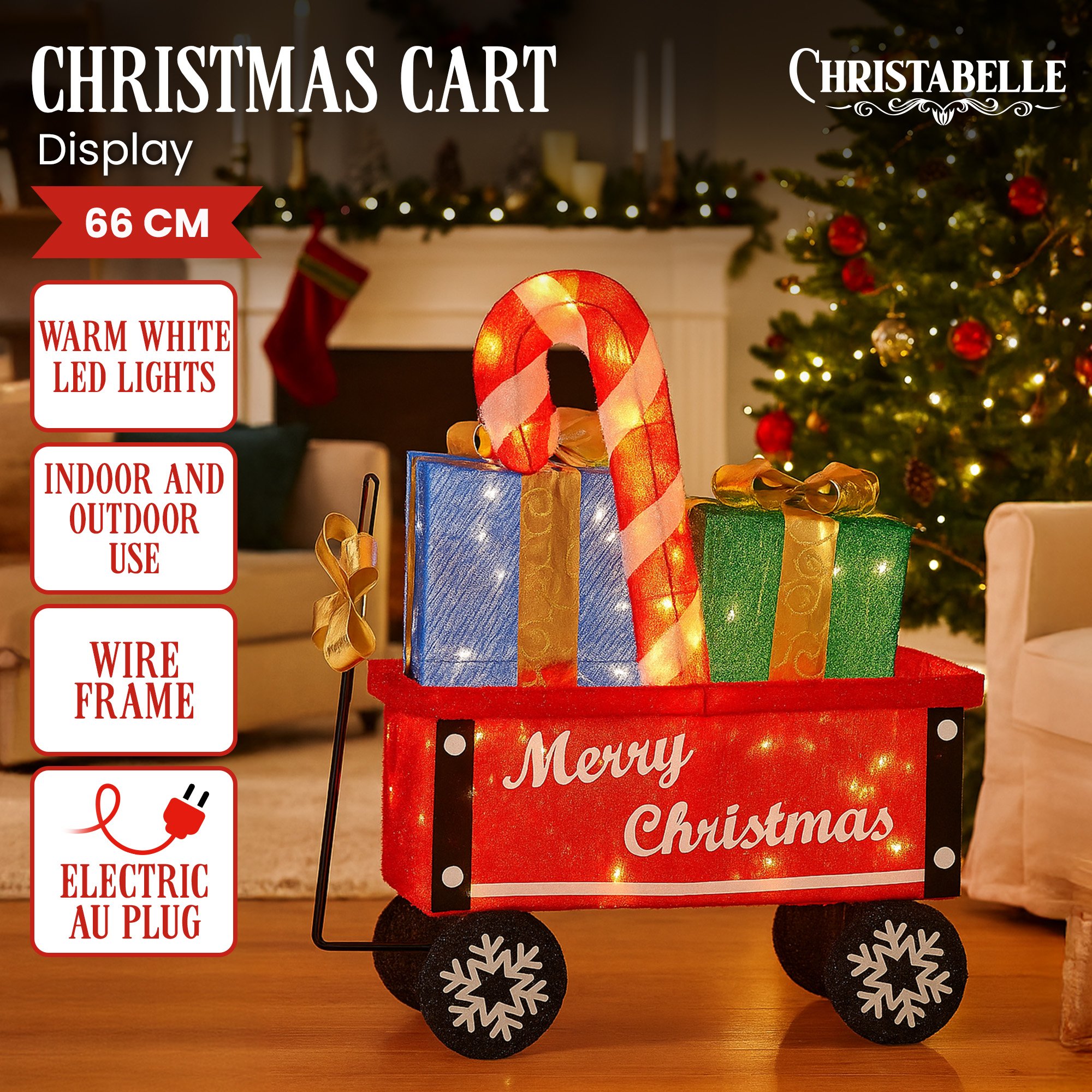 Christabelle Christmas Cart Display w/Candy Cane & Presents Warm White LED Lights Wire Frame Structure Indoor & Outdoor — image 2