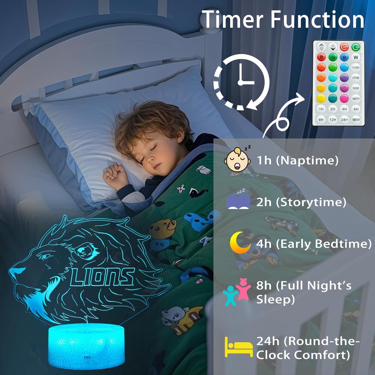 Night Light for Kids - 3D - Baby Night Light - 16 Color Changes - With Remote Control and Timer - RGB Flashing Mode - Bedroom Table Lamp - Lion Light โ image 4