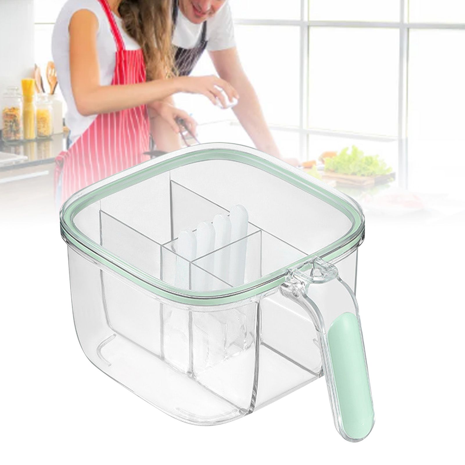 Seasoning Box 4 Compartments Transparent Window Strong PET Seasoning Jar with 4 Spoons for Home Kitchen Cooking Light Green โ image 5
