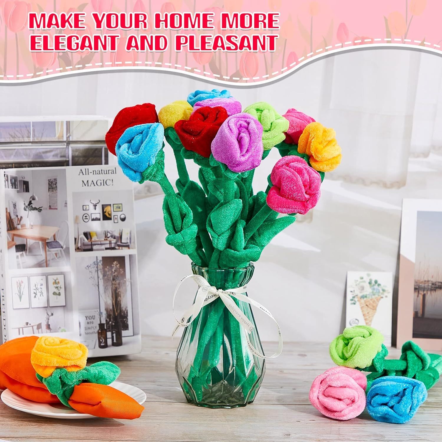 24 Pcs Graduation Flowers Graduation Plush Rose Mother's Day Flower Toy Colorful Stuffed, Plush Bouquet Bendable Stems 12.5 Inch โ image 3