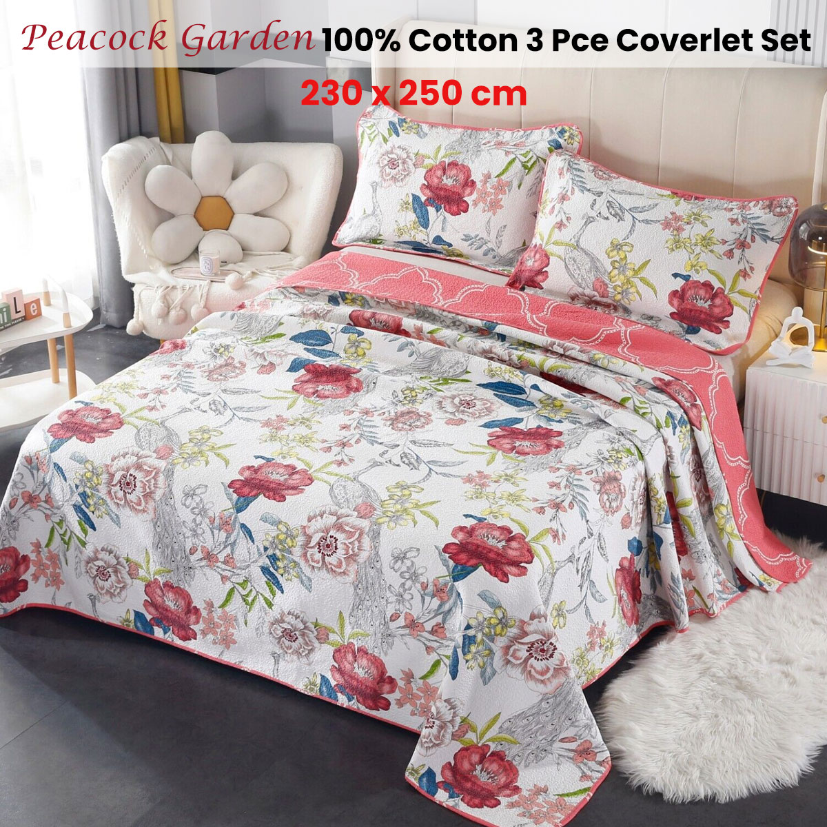 100% Cotton Lightly Quilted Coverlet Set Peacock Garden Pink Queen โ image 2