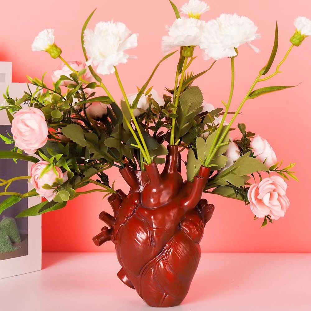 Vase Flower Vases Heart Shaped Decor Resin Flower Pot Modern Unique Nordic Art Style Decorative Vase for Home Wedding Gift Desktop Living Room Decoration - Red — image 2