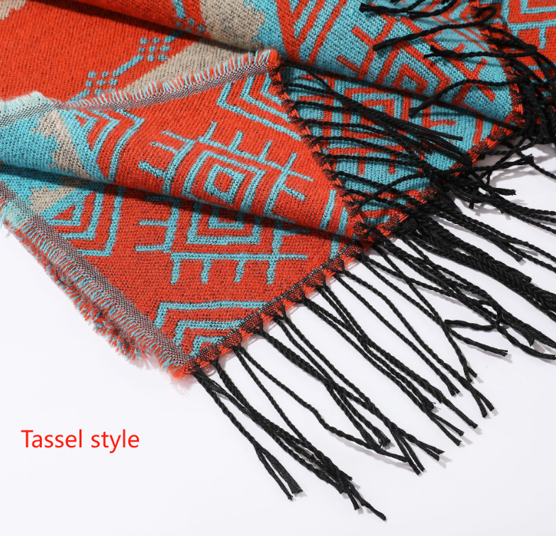 Blue Orange Palindrome Fringe Bohemian Fringe Shawl Cloak - 160 × 135 cm Ethnic Inner Mongolia Style Double-Sided Scarf Cape — image 2