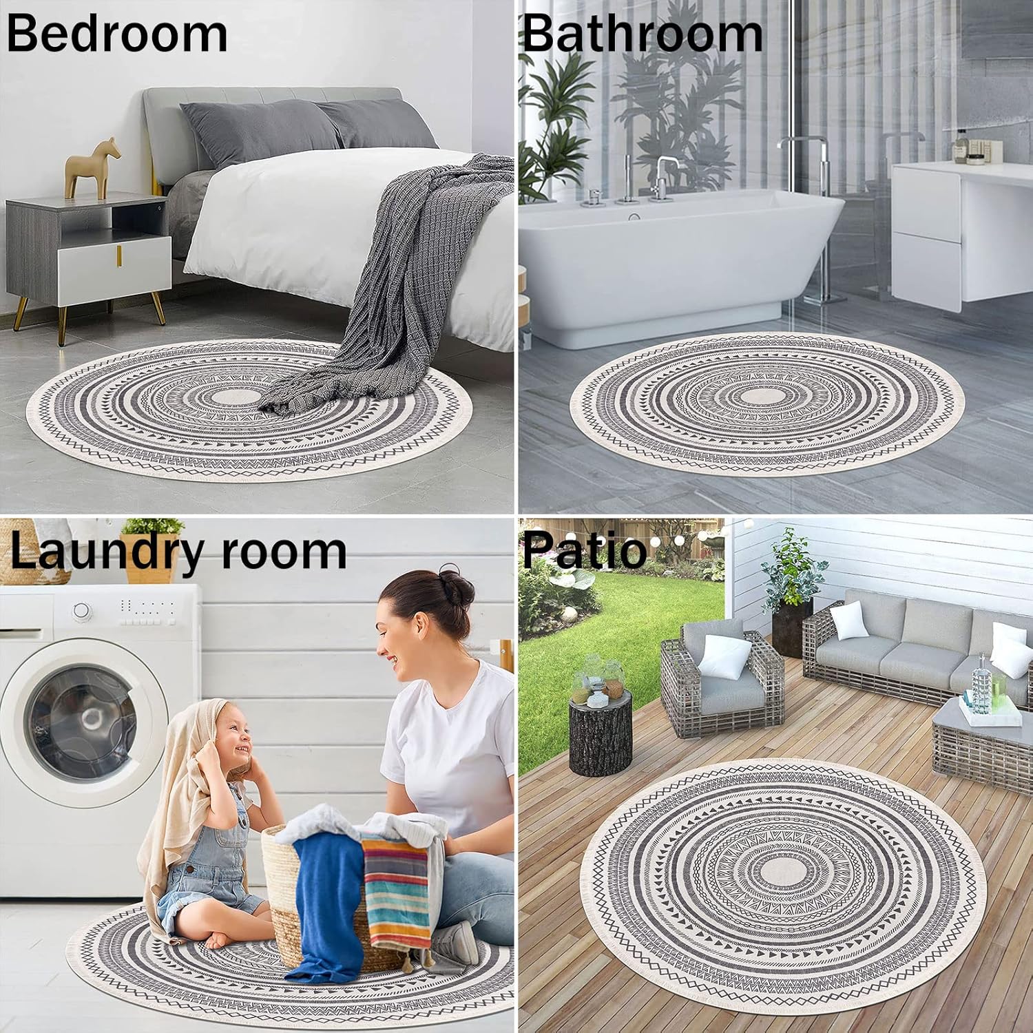 Grey Round Woven Cotton Rug with Fringes 120cm Washable Absorbent Rug Moroccan Style Print 120*120CM—yux 120*120CM — image 5