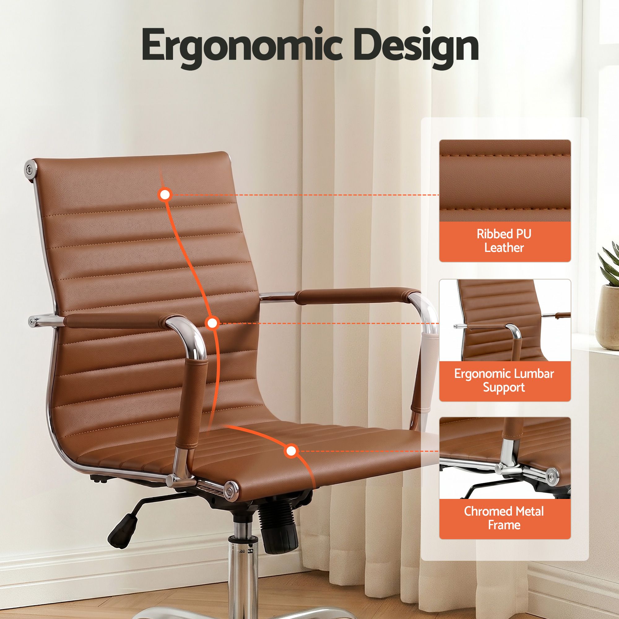 Artiss Office Chair Conference Chairs PU Leather Mid Back Brown — image 5