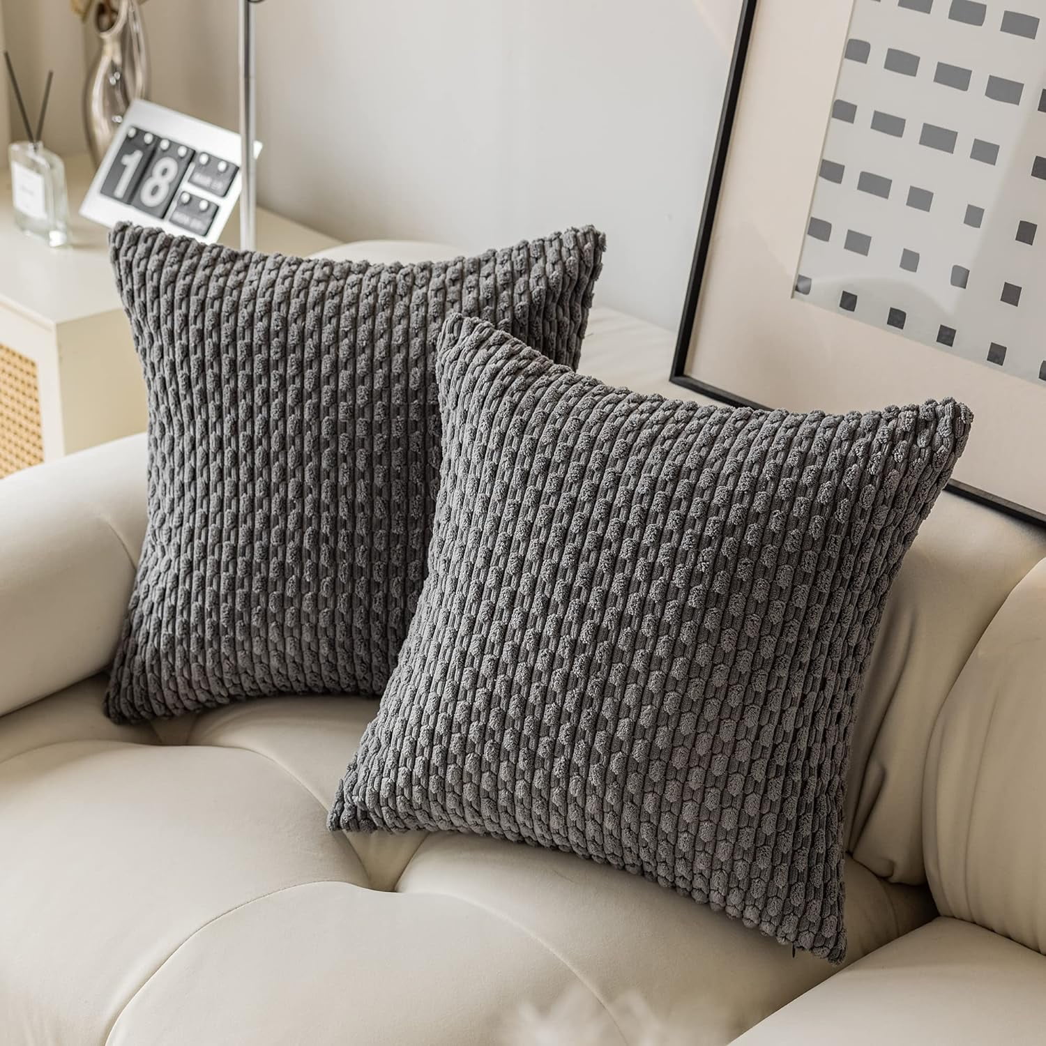 2 Pack Striped Velvet Corduroy Pillow Covers, Decorative Throw Cushion Cases for Couch, Sofa and Bed, 22 x 22-Inch, Dark Grey