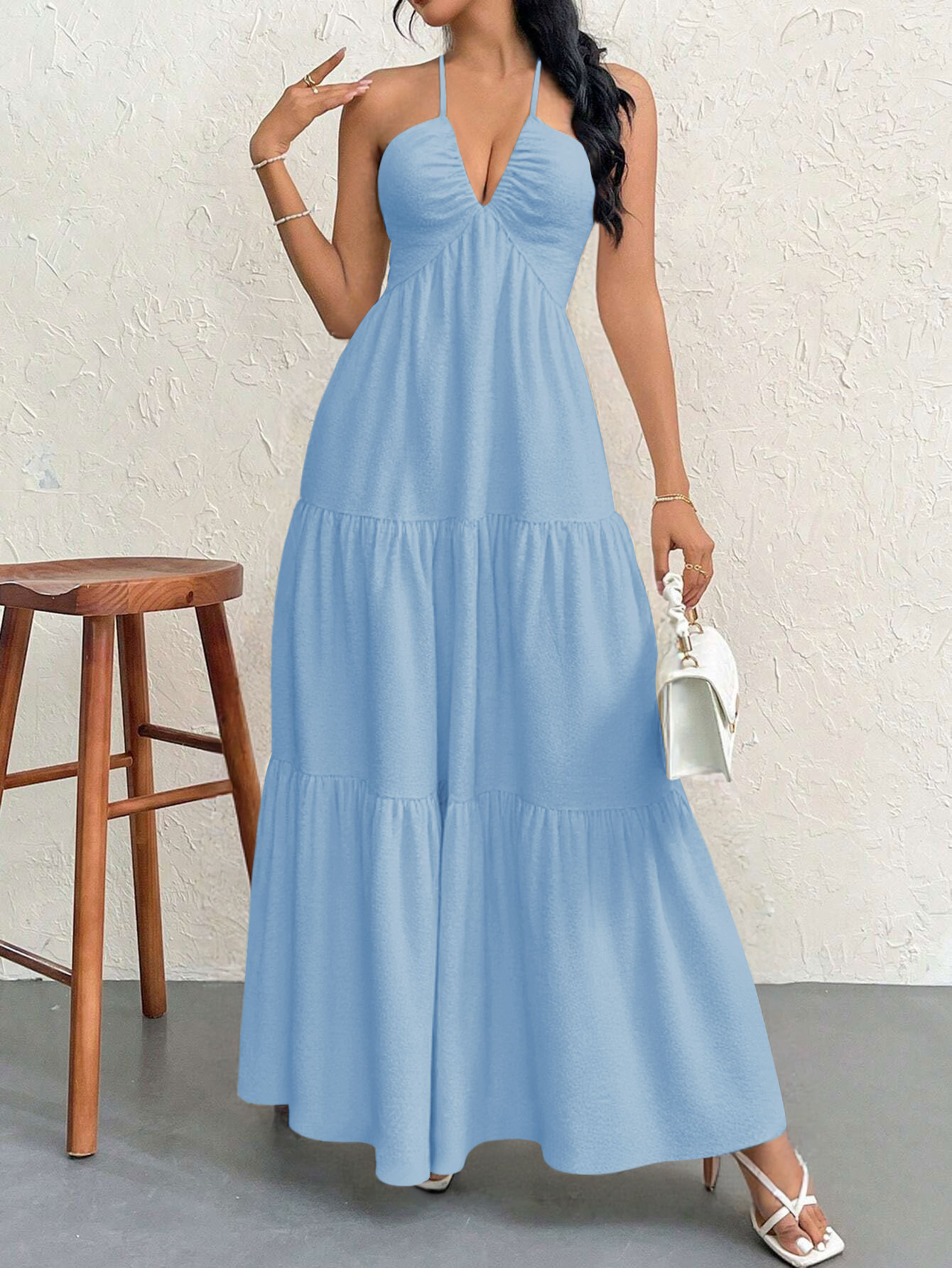 Blue XL Size Women's Elegant Halter Maxi Dress Summer Backless V-Neck Sleeveless Long Beach Resort Gown โ image 5