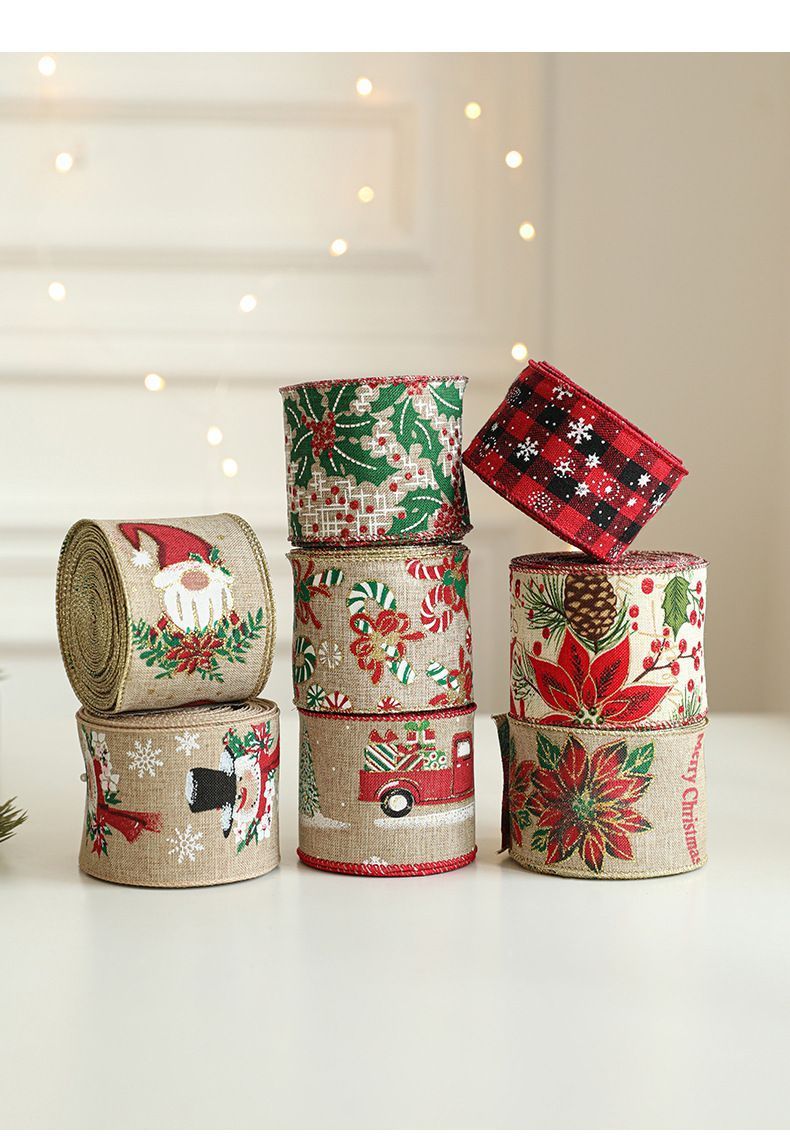 Xmas Burlap Woven Ribbon 6.3CM x 2M, Red Flower Pine Cone Design Satin Ribbon for Christmas Tree & Holiday Party Decor ā image 3