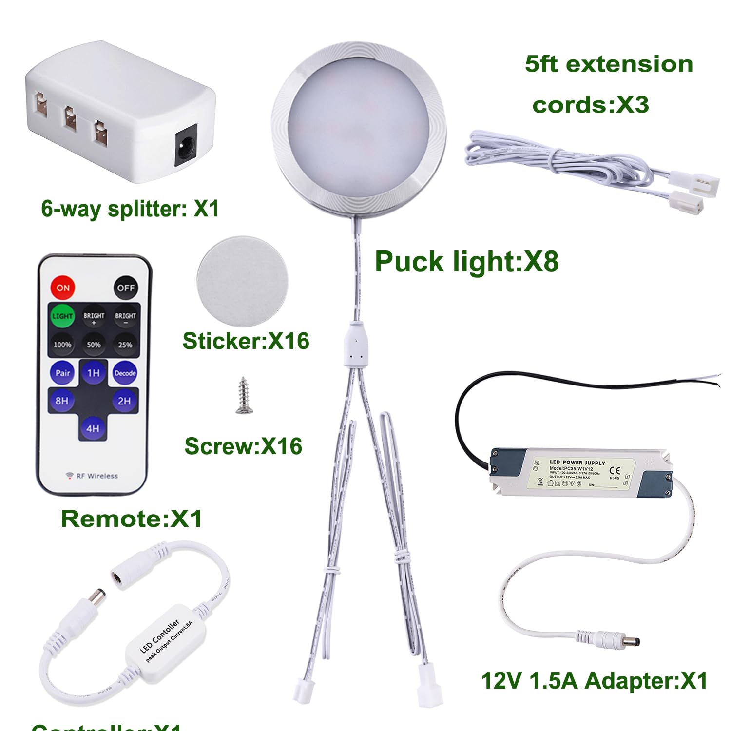 Linkable Under Cabinet LED Lighting 12V Slim Aluminum Dimmable Puck Lights Direct Wired with RF Remote Control for Kitchen Lighting(8pack Daylight White) — image 2