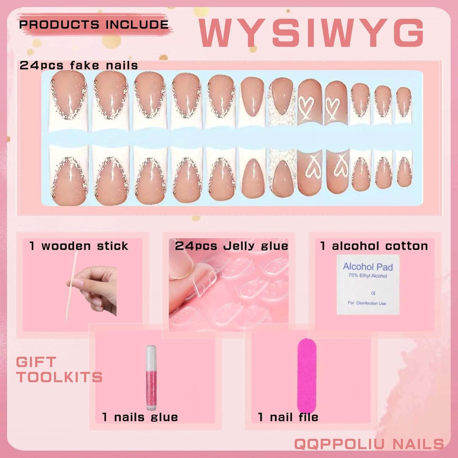 Nude Square Press on Nails Short Length,White French Tips Fake Nails with Rhinestones Design for Birthday/Bride/Holiday/Christmas/Valentine'S Day/Women/Young — image 2