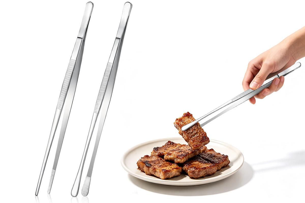 2 Pack 30cm BBQ Tongs Stainless Steel Round and Straight Head for Grilling Cooking - Silver