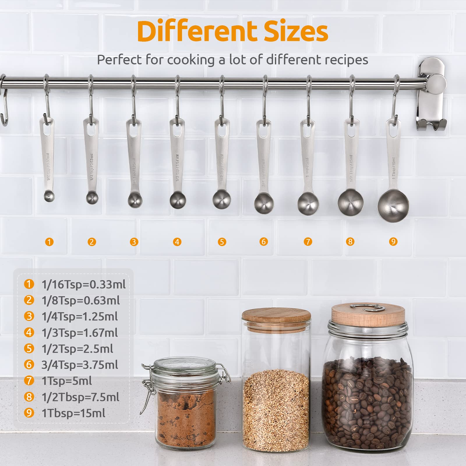 10 Pieces Stainless Steel Measuring Spoon Set with Tablespoon and Teaspoon Measures for Baking, Coffee, Spices and Everyday Cooking, Silver β image 3